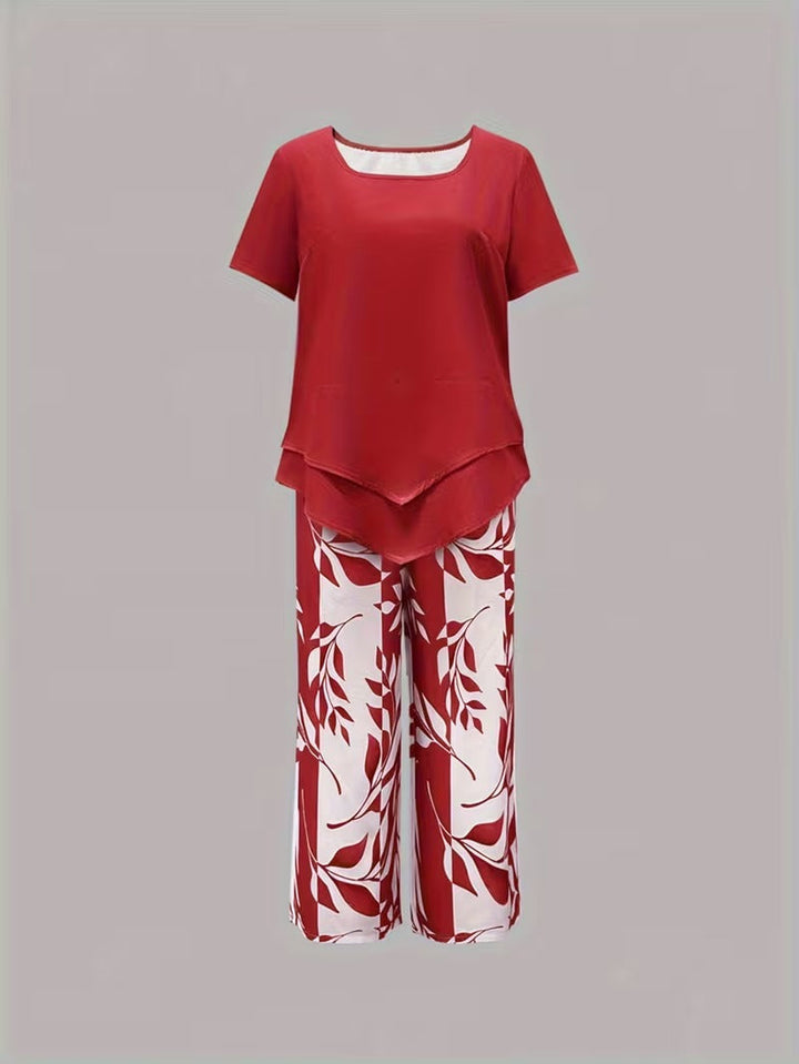 Traje de dos piezas para mujer, estampado de hojas tropicales, perfecto para la temporada de calor.