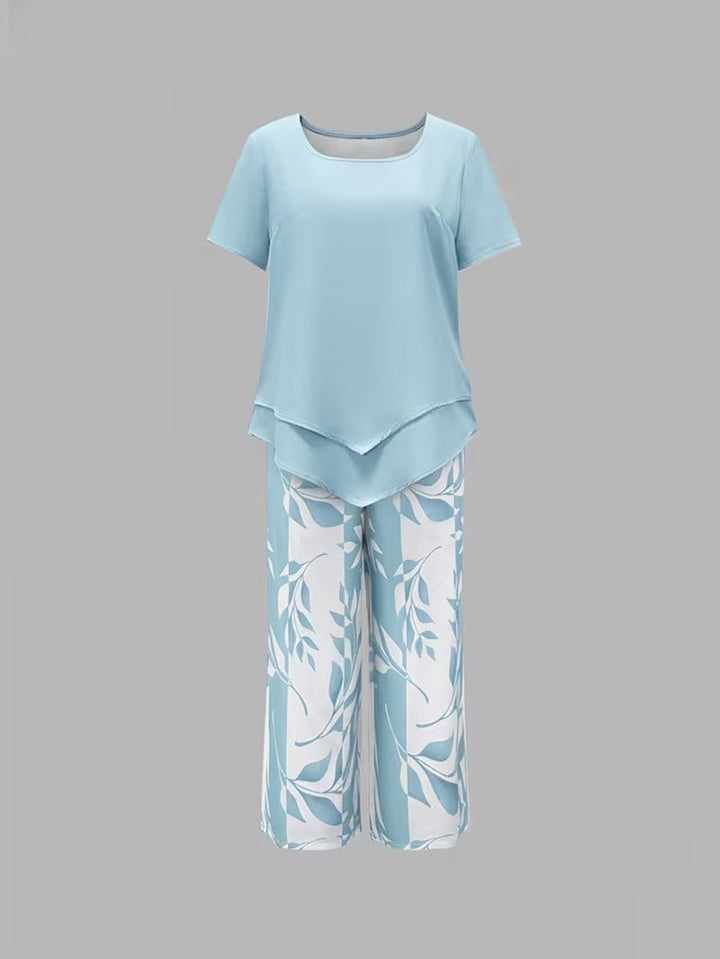 Primavera-verano: conjunto de dos piezas para mujer, estampado de hojas verdes, estilo relajado.