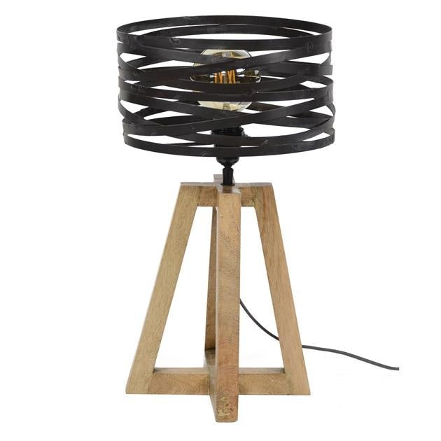 Lámpara de mesa de madera con base industrial, diseño moderno. Ideal para decoración e iluminación LED del hogar.