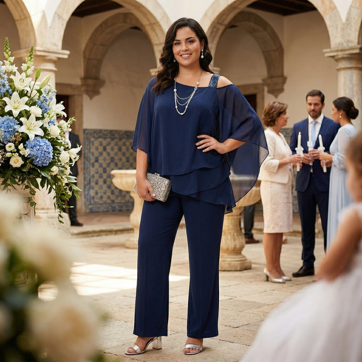 Detalle de top asimétrico y pantalón fluido de gasa, conjunto elegante con strass para fiesta.