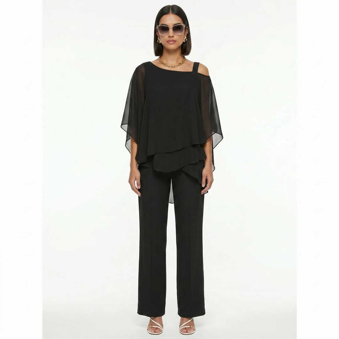 Conjunto formal de dos piezas de gasa para mujer, diseño asimétrico perfecto para eventos especiales.