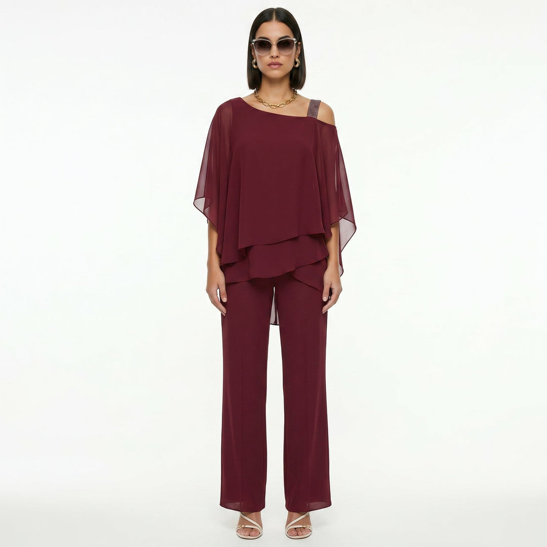 Conjunto elegante de gasa para mujer, con top asimétrico y pantalón para bodas y galas.