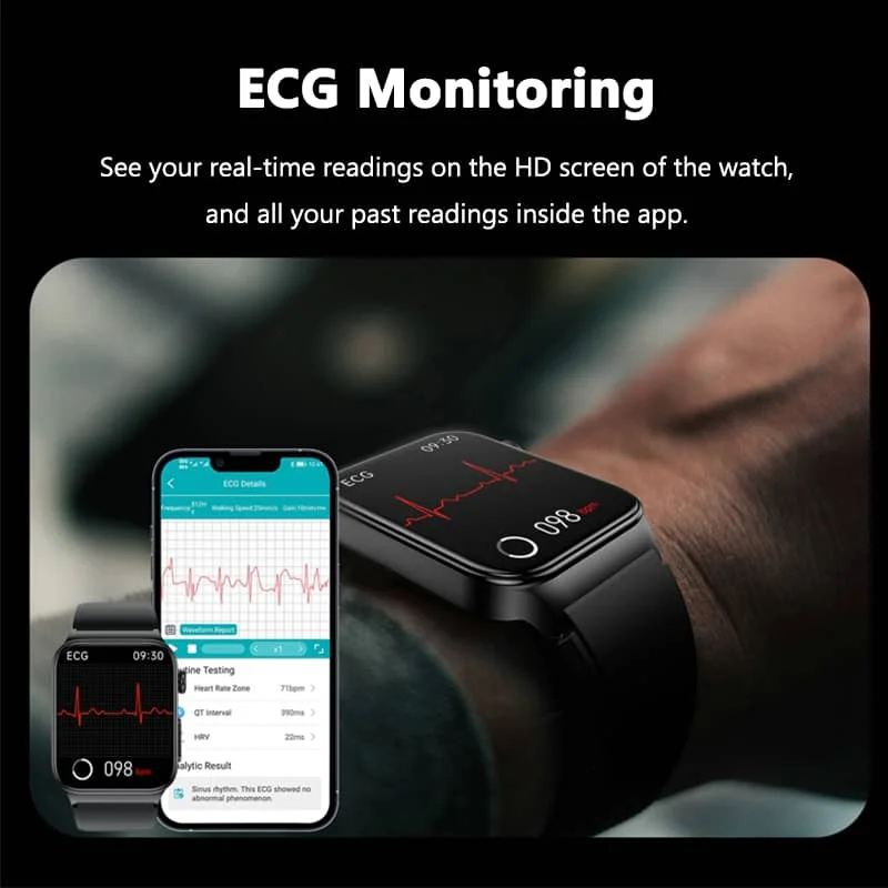 Reloj fitness unisex resistente al agua, con monitor de glucosa y ECG para deporte y salud.