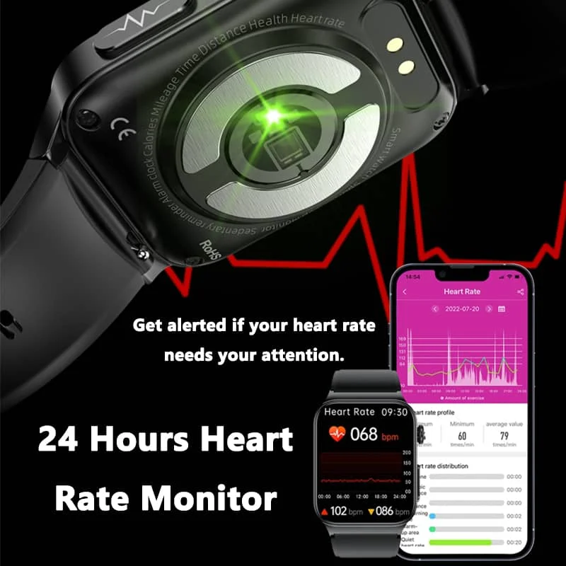 Reloj inteligente unisex en muñeca, monitoreando ECG y glucosa, ideal para bienestar personal.