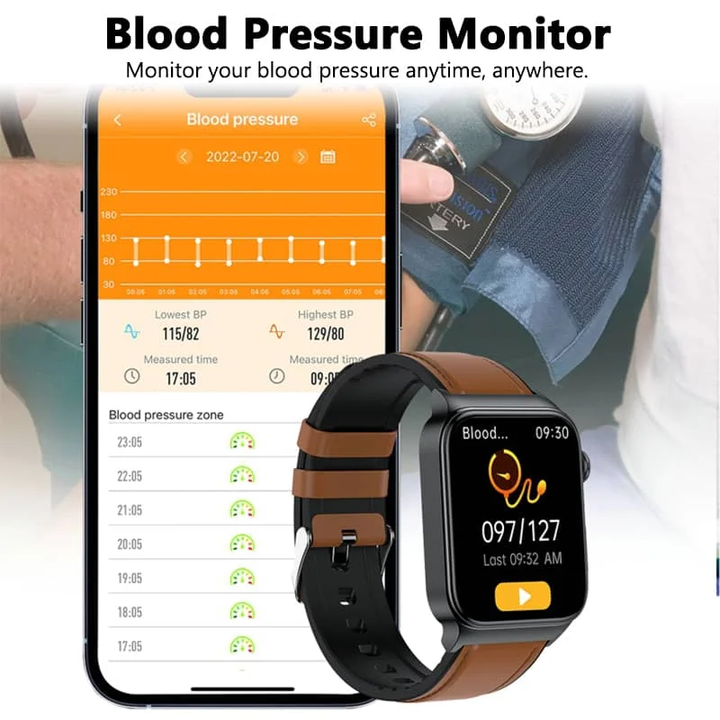 Pantalla HD del reloj inteligente mostrando datos de glucosa y ECG en tiempo real.
