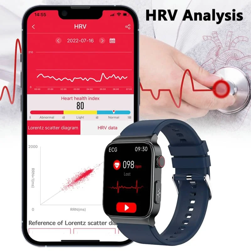 Vista lateral del smartwatch unisex con monitor de glucosa y ECG para un mejor seguimiento de salud.