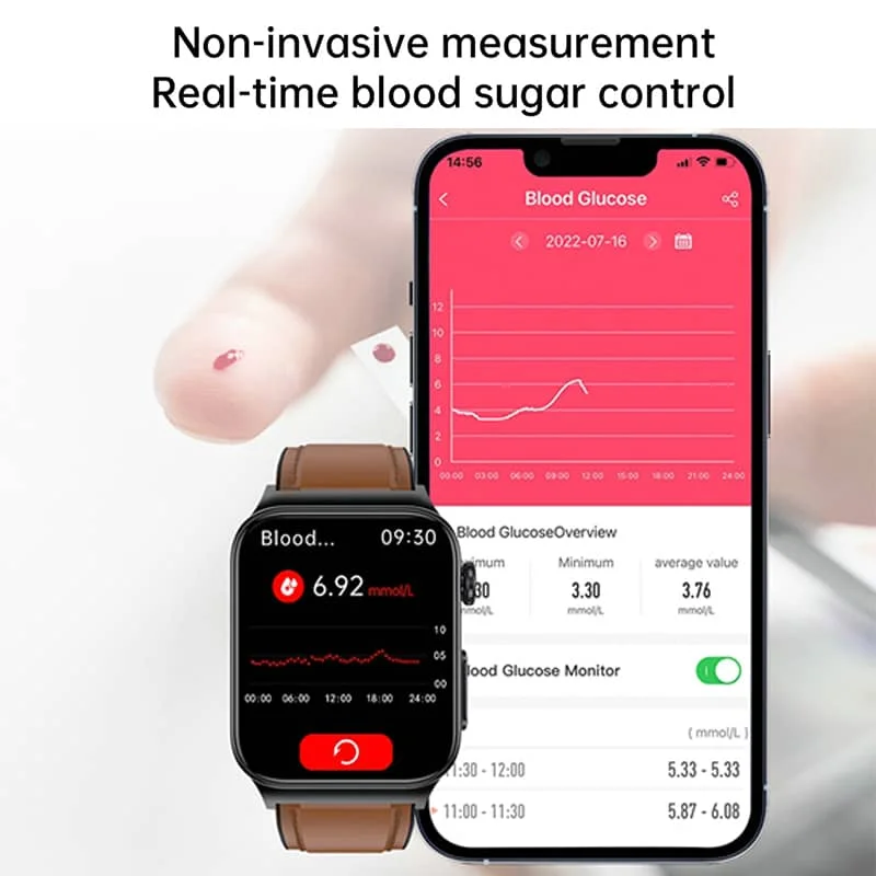 Gráficos de glucosa y ECG en pantalla HD del reloj inteligente, facilitando seguimiento de salud.