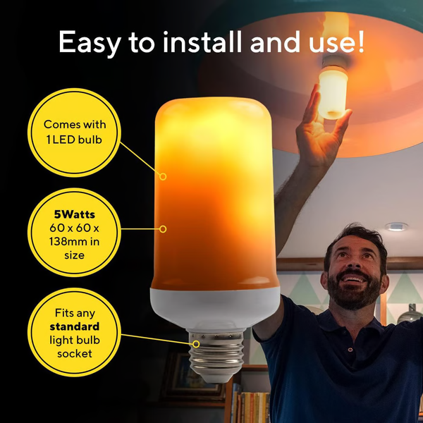Bombilla LED segura con efecto de llama, ideal para un ambiente cálido y ahorro de energía en cualquier espacio.