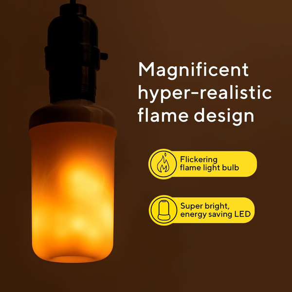Bombilla LED con efecto llama simulado, luz cálida para ambiente acogedor y decoración en el hogar, interior o exterior.