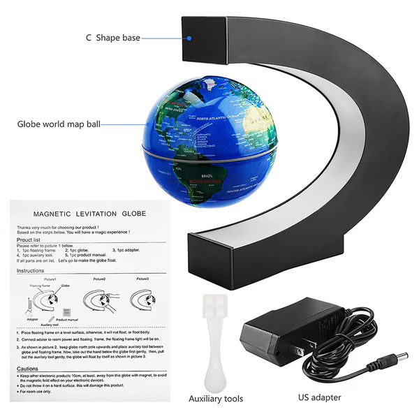 Decorativo globo levitante magnético con iluminación LED. Perfecto para escritorio, oficina moderna o como pieza central.