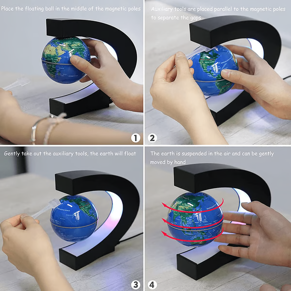 Esfera flotante magnética con base LED azul. Regalo único para amantes de la geografía, tecnología y decoración.