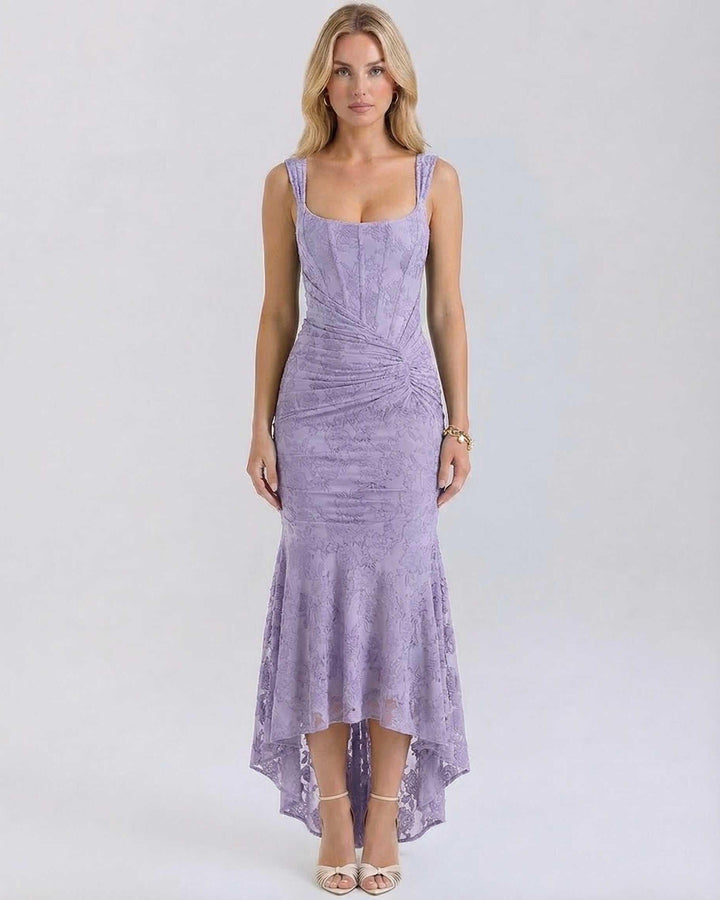 Vestido maxi jacquard lavanda asimétrico para mujer. Elegante vestido de noche y ocasión especial con estilo moderno.
