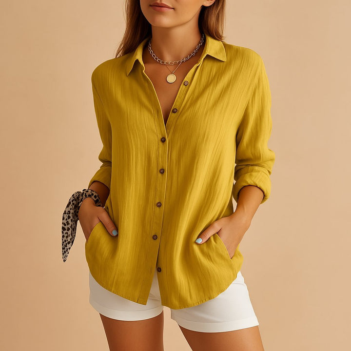 Blusa de lino mujer, ajuste relajado, tejido transpirable. Confortable y elegante para cualquier ocasión.
