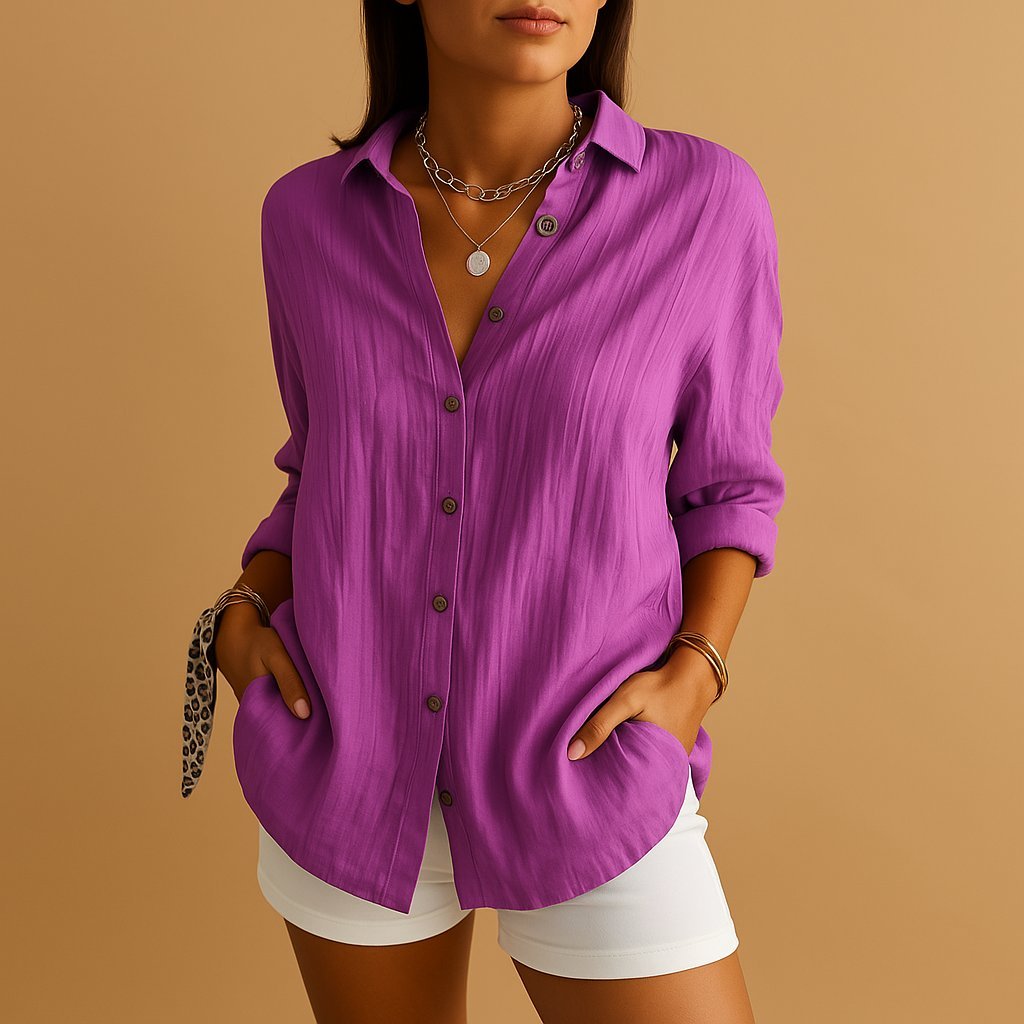 Blusa de lino mujer, manga larga, ajuste relajado. Confortable y elegante, ideal como ropa transpirable.