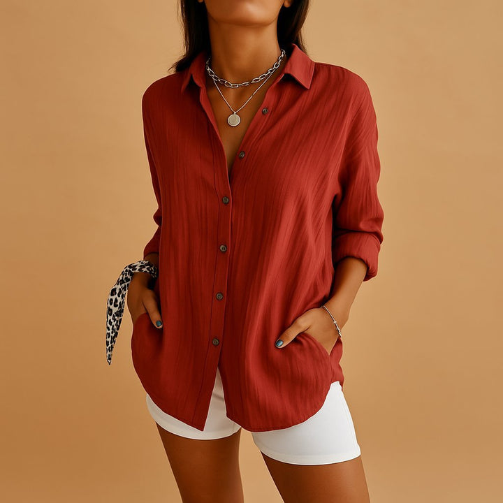 Blusa de lino manga larga para mujer, ajuste relajado. Diseño elegante con botones, transpirable.