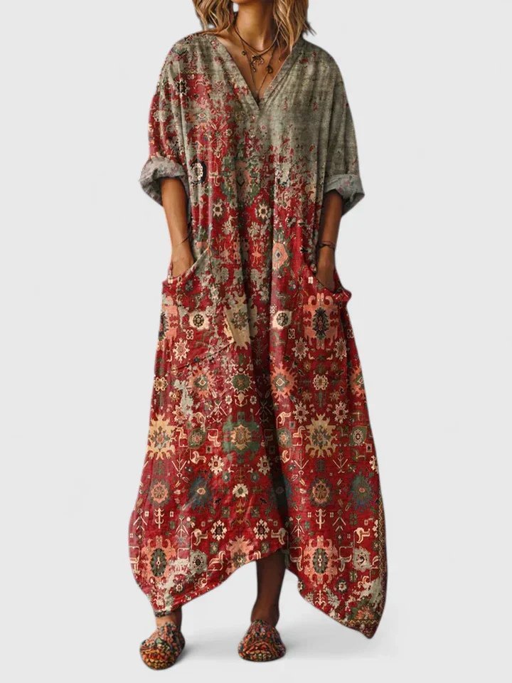 Vestido bohemio holgado de algodón con estampado paisley para mujer, cómodo y casual.