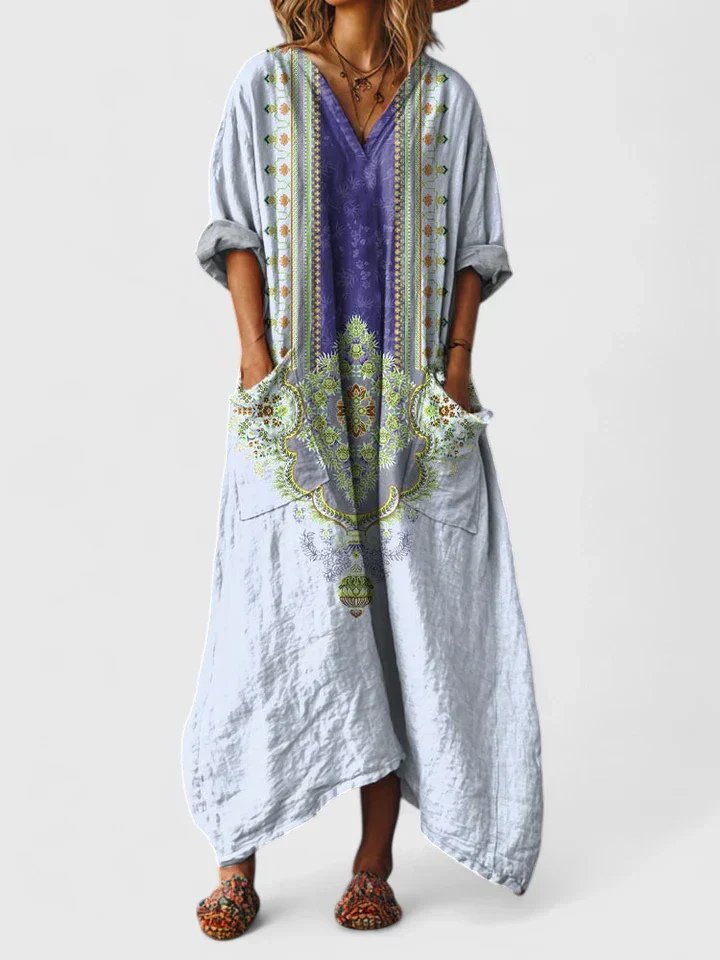 Elegante vestido maxi bohemio para mujer, de suave algodón con estampado paisley, ideal para el verano.