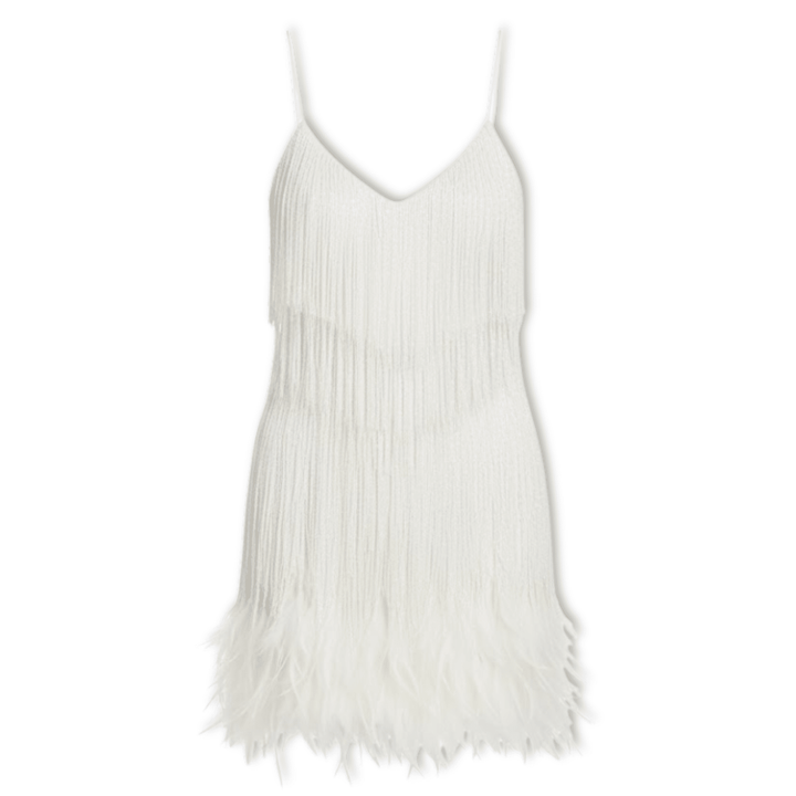 Vestido de fiesta brillante con lentejuelas y detalles de plumas, perfecto para la noche.