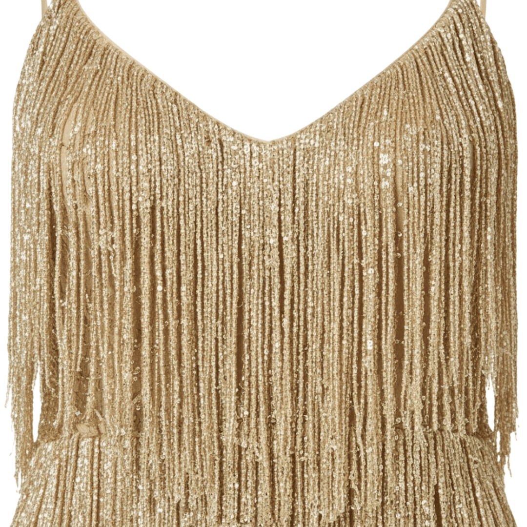 Vestido corto de mujer con lentejuelas relucientes y plumas, ideal para una noche elegante.