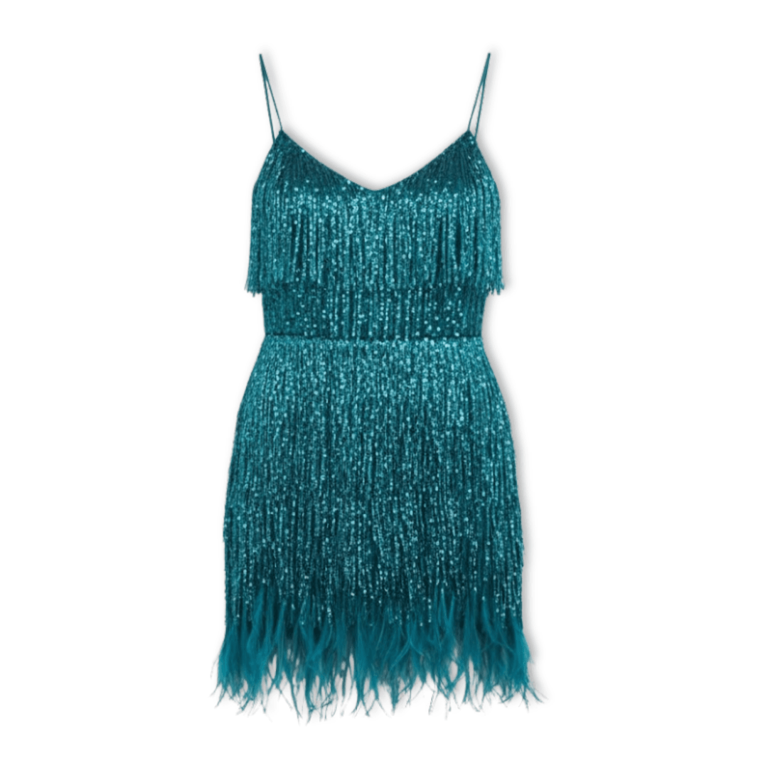 Vestido de noche corto para mujer, estilo cóctel, con lentejuelas, plumas y tirantes.