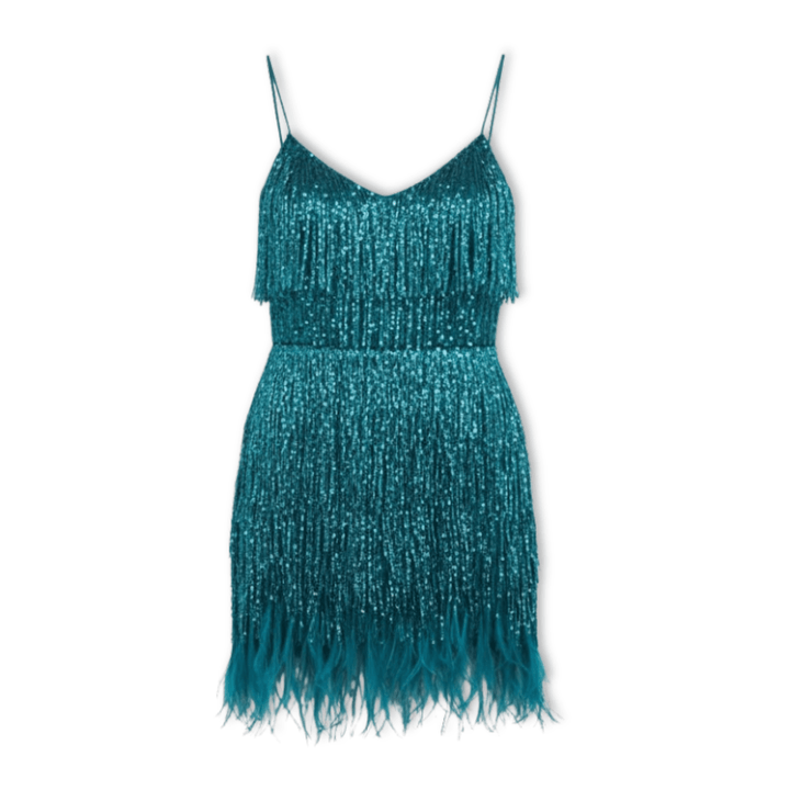 Vestido de noche corto para mujer, estilo cóctel, con lentejuelas, plumas y tirantes.