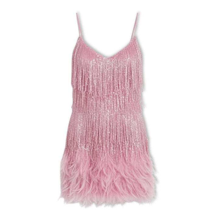Vestido corto de noche para mujer con lentejuelas brillantes y plumas. Elegante para fiesta.