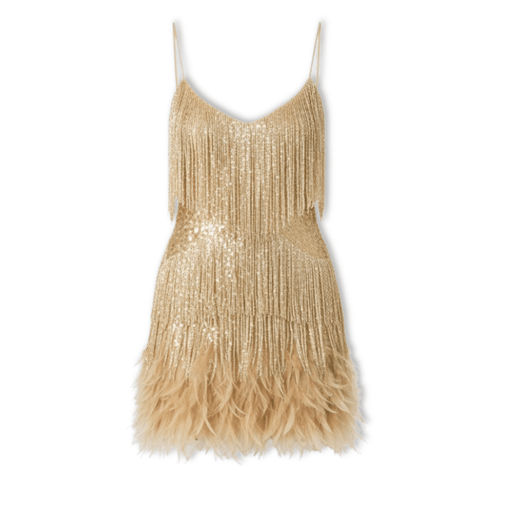 Moda femenina: vestido corto elegante con brillo de lentejuelas y suave adorno de plumas.