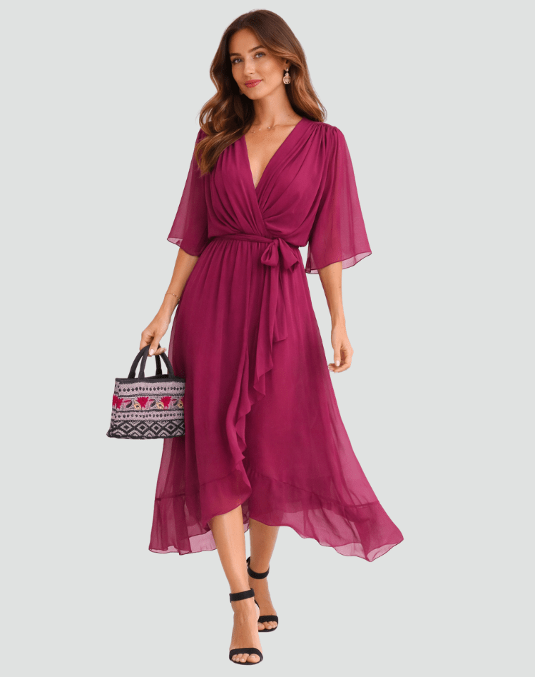 Vestido midi de poliéster, con lazo decorativo y escote cruzado, un estilo formal para mujer.