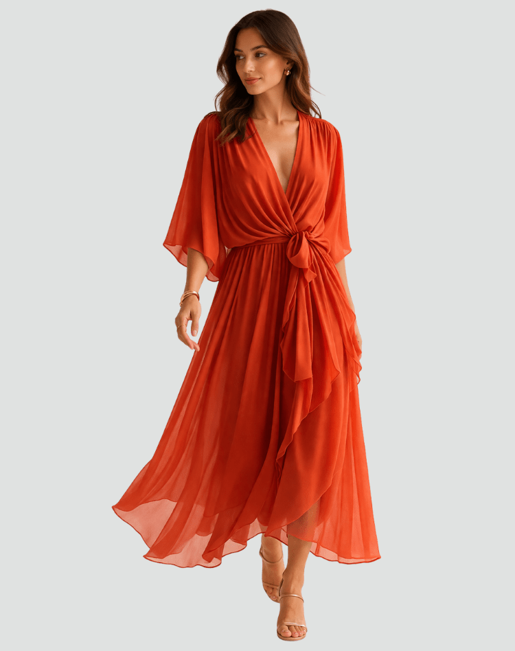 Vestido de fiesta midi con escote cruzado y lazo en la cintura, diseño fluido de poliéster.