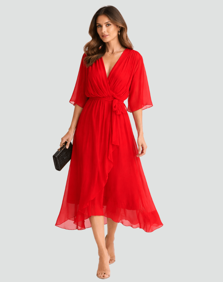 Vestido formal midi de mujer, diseño fluido con lazo, perfecto para noche y eventos elegantes.