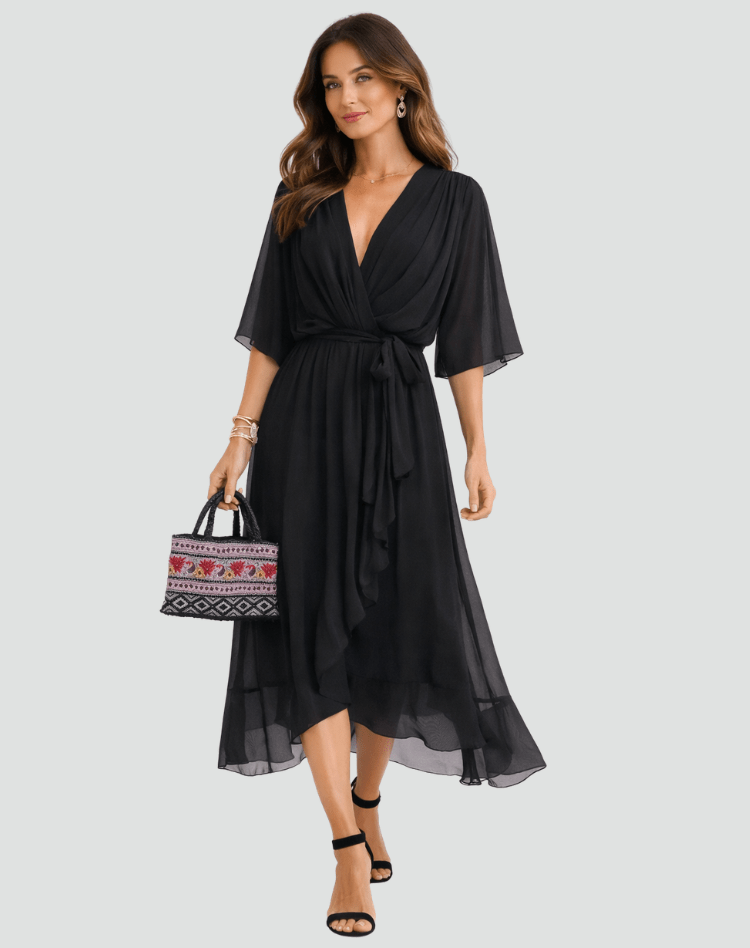 Vestido de ceremonia fluido y elegante, con diseño de lazo en la cintura para mujer.