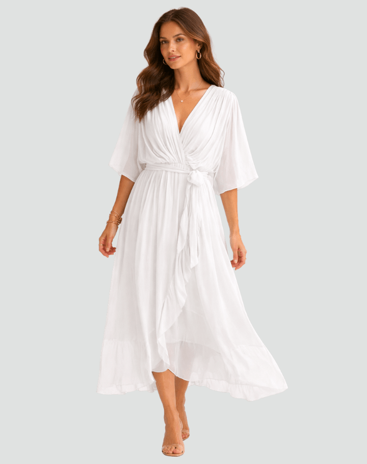 Vestido midi moderno y elegante para mujer, tejido fluido de poliéster, con lazo en la cintura.