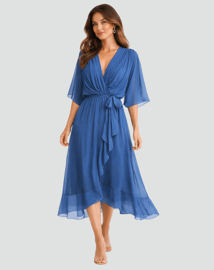 Vestido midi elegante y fluido para mujer, con detalle de lazo, ideal para eventos de gala.