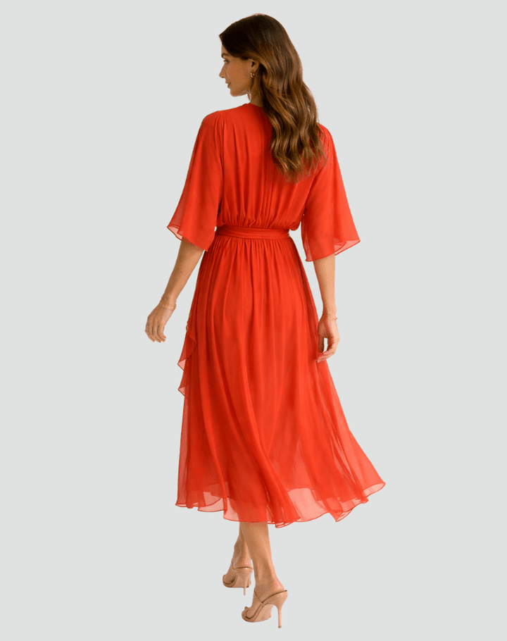 Vestido midi versátil para mujer, elegante y fluido, con lazo, apto para fiesta o gala.