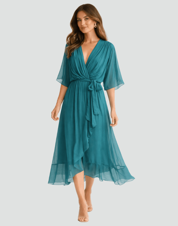 Vestido de fiesta midi para mujer, con lazo y caída fluida, perfecto para ocasiones especiales.