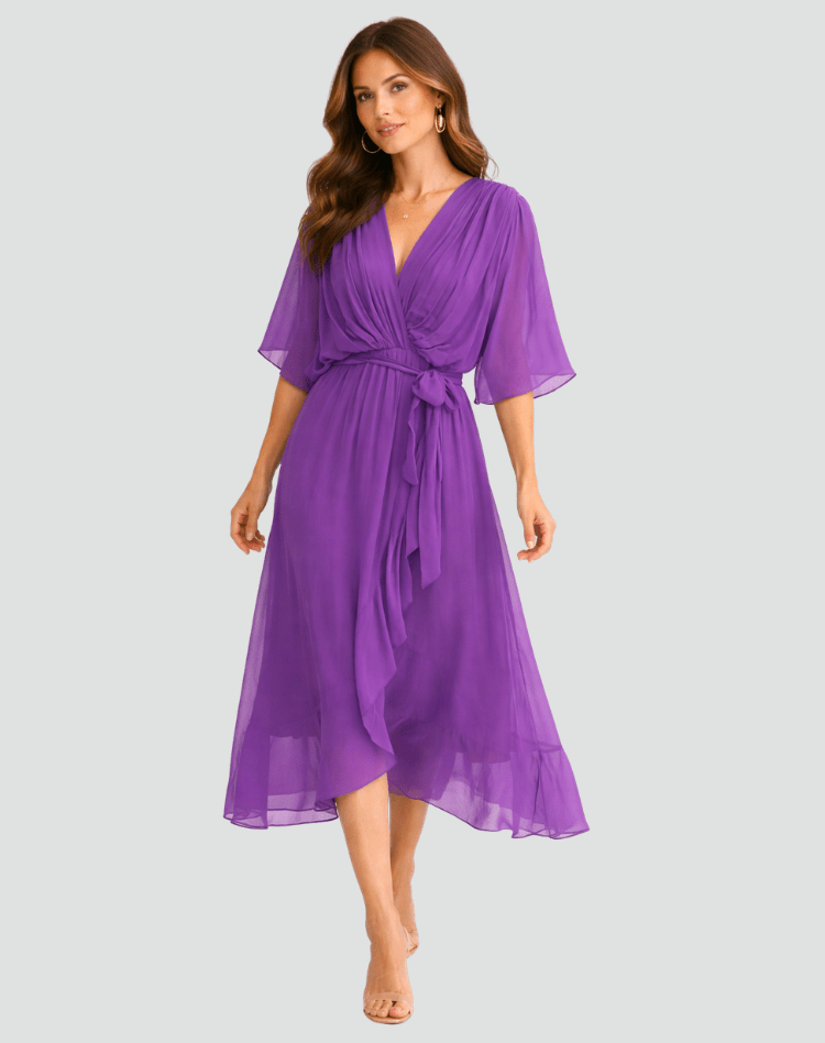 Vestido de ceremonia midi elegante para mujer, con lazo y escote cruzado, ideal para bodas.