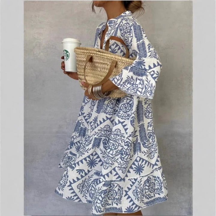 Vestido túnica holgado con estampado floral escalonado, fresco y cómodo para moda femenina de verano.