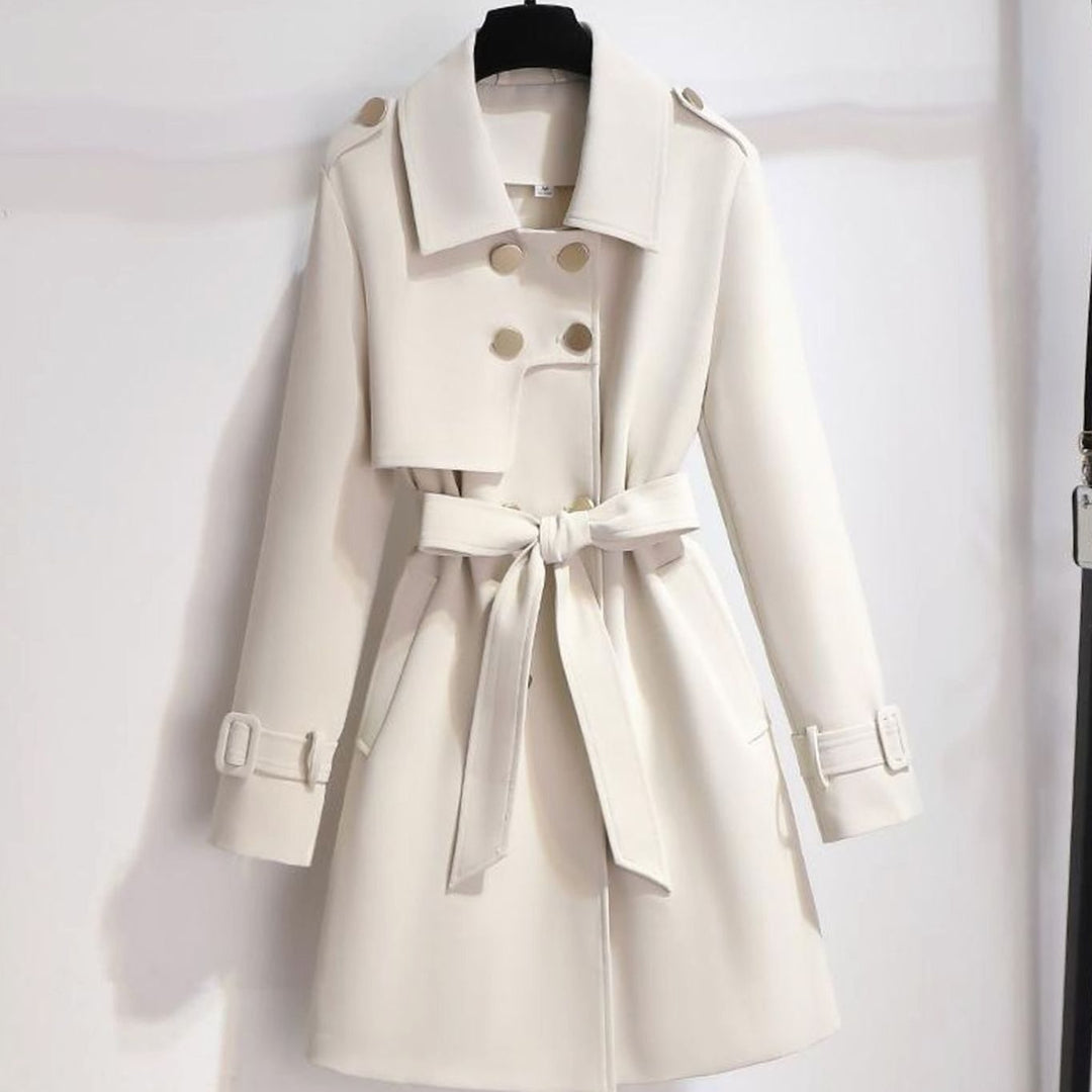 Gabardina cruzada blanca para mujer con cinturón, largo midi. Estilo clásico y elegante para primavera-otoño.