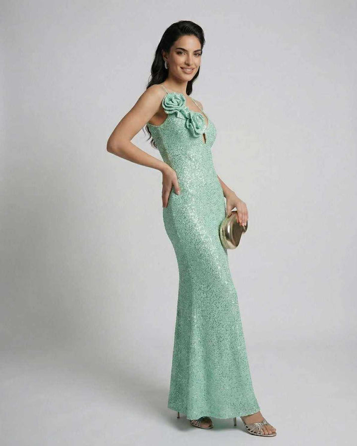 Vestido maxi floral para mujer, escote V pronunciado, verde menta. Glamour para fiesta y eventos de primavera verano.