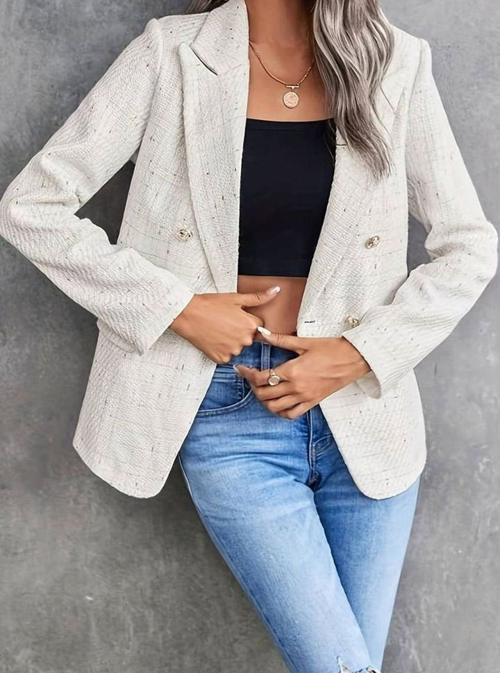 Elegante blazer de tweed para mujer, diseño cruzado entallado. Perfecta para oficina, estilo ejecutivo y moda femenina.