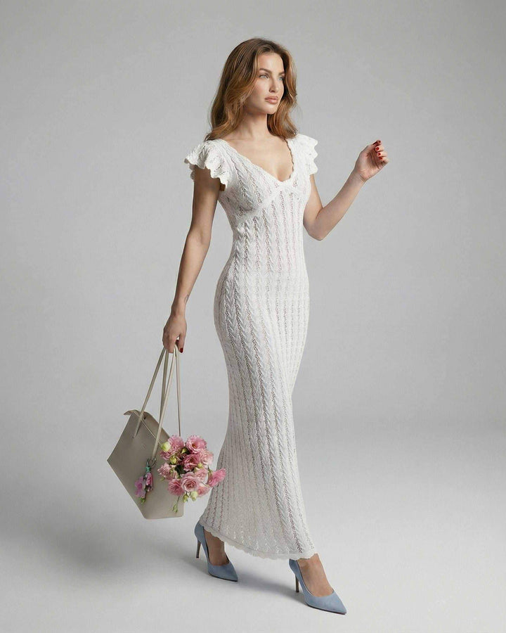 Elegante vestido maxi de encaje marfil con escote en V para fiesta, estilo bodycon.