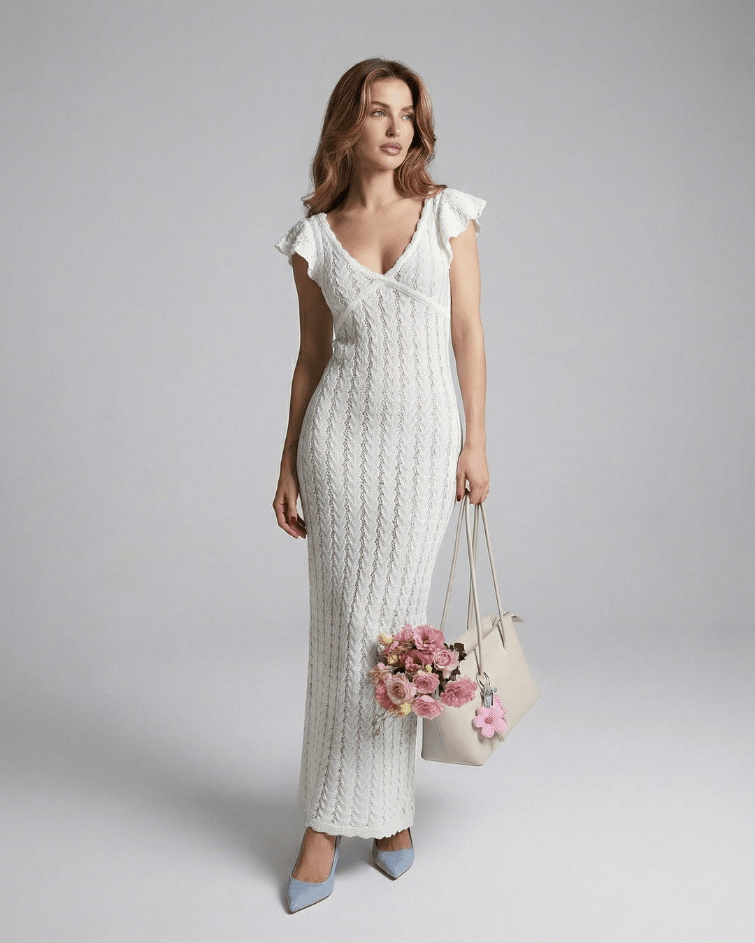 Vestido maxi de encaje marfil bodycon con espalda descubierta, ideal para verano y ocasiones.