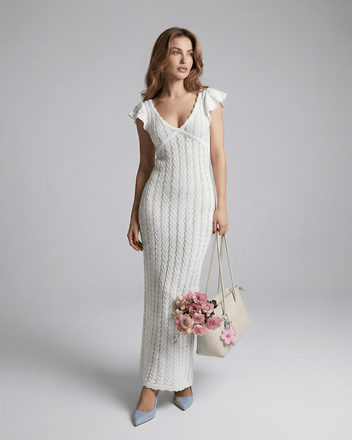 Vestido maxi de encaje marfil bodycon con espalda descubierta, ideal para verano y ocasiones.