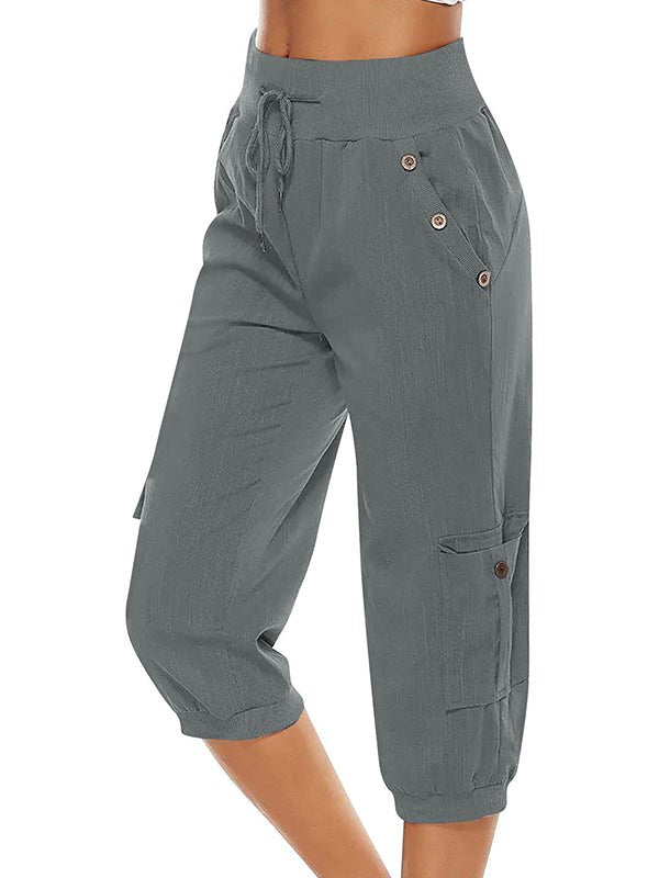 Pantalones capri de mujer, estilo casual y versátil. Cintura elástica, bolsillos. Ideal para moda de verano.