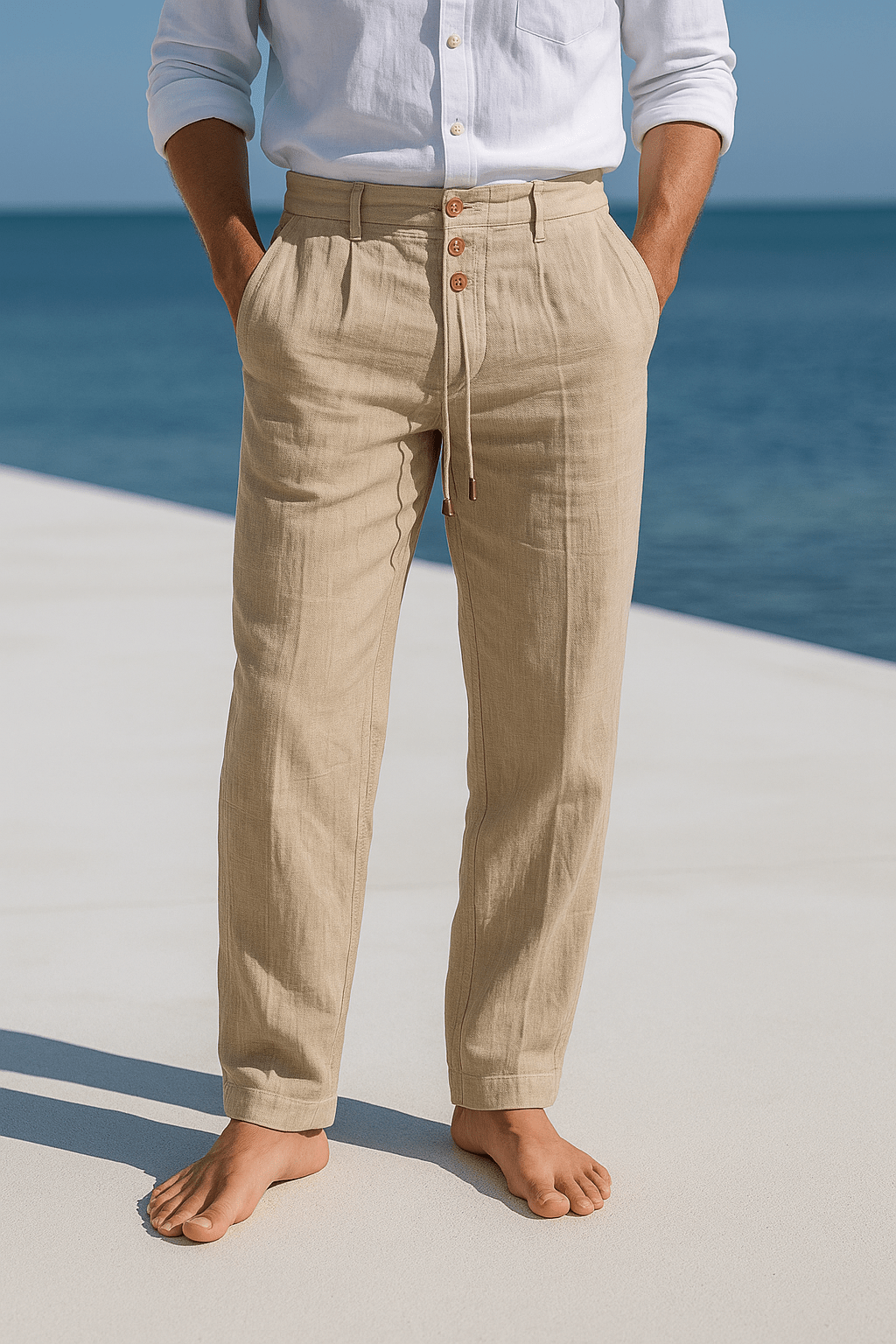 Pantalones de lino para hombre con cintura elástica ajustable, ideales para verano y estilo casual.
