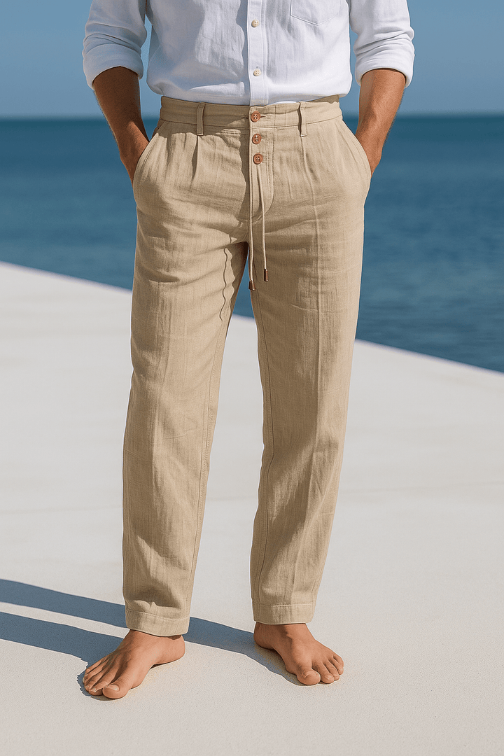 Pantalones de lino para hombre con cintura elástica ajustable, ideales para verano y estilo casual.
