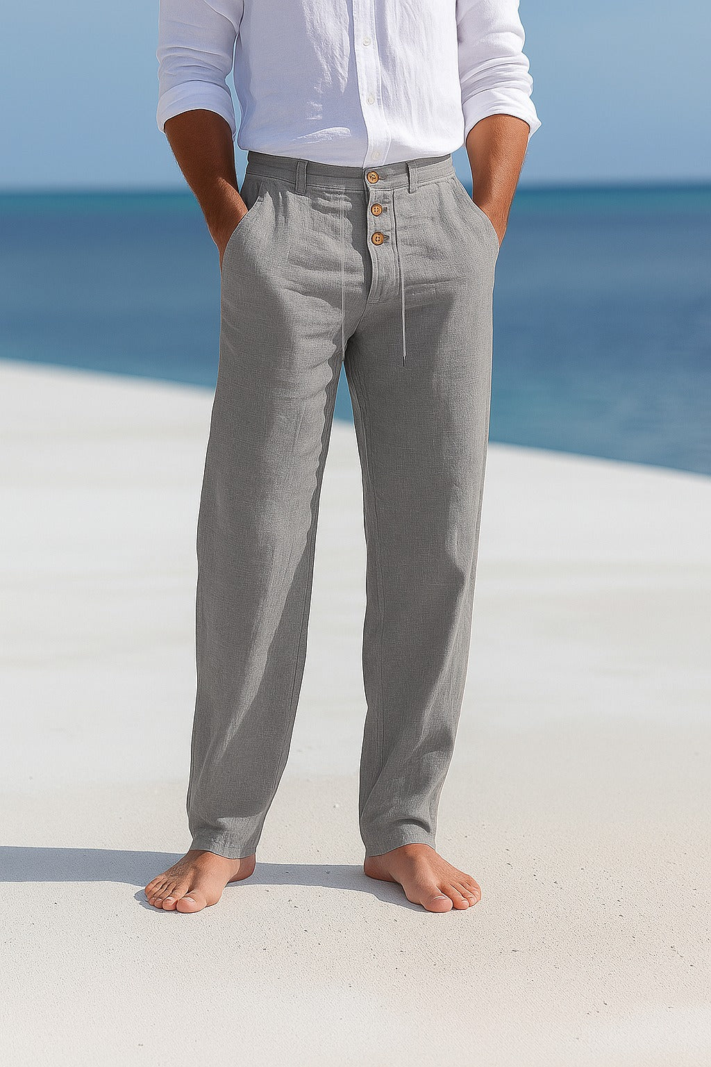 Pantalones de lino casuales para hombre, cintura elástica ajustable, ideales para ropa de verano o playa.