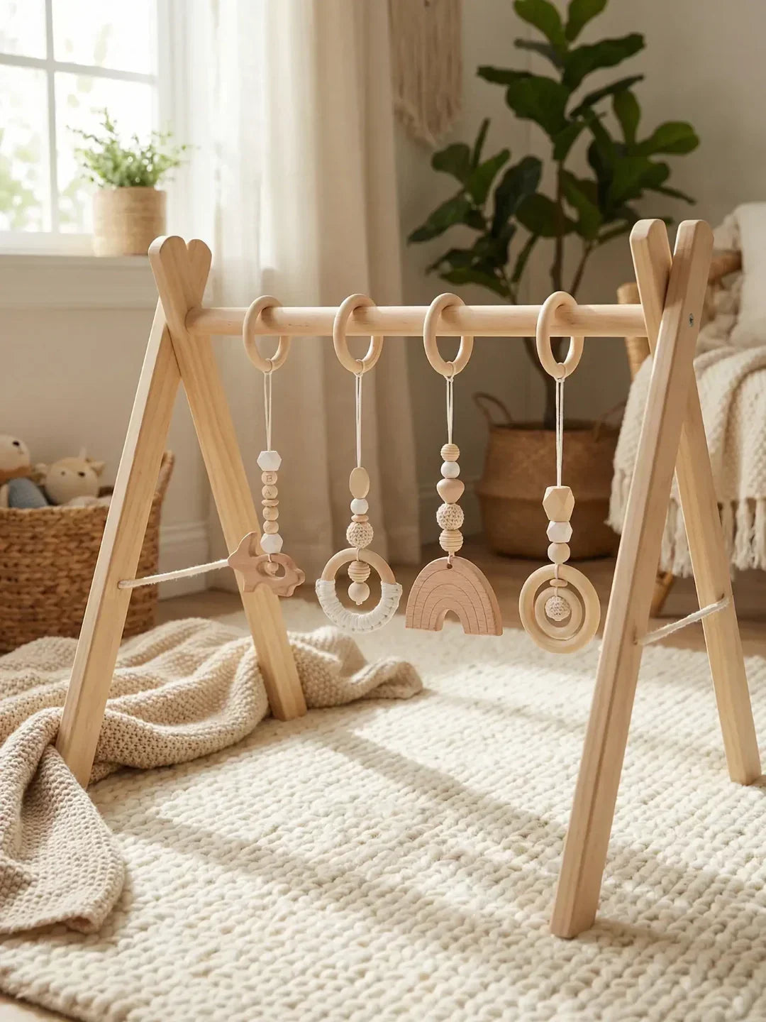Juguete sensorial de estrella de madera y crochet, colgando del gimnasio de desarrollo infantil.