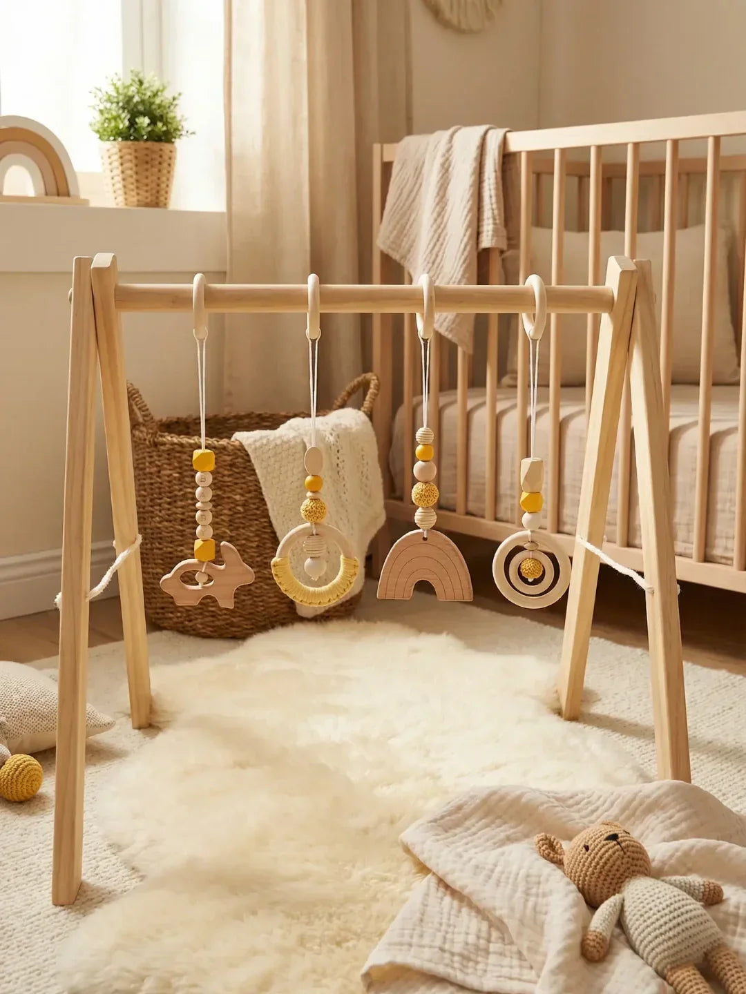 Gimnasio de juegos de madera fácil de montar, ideal para estimular a bebés y recién nacidos.