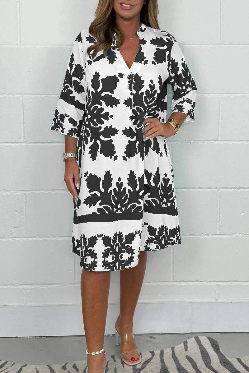 Mujer luciendo vestido midi floral de primavera. Estilo elegante y vaporoso, cómodo para cualquier evento o fiesta.